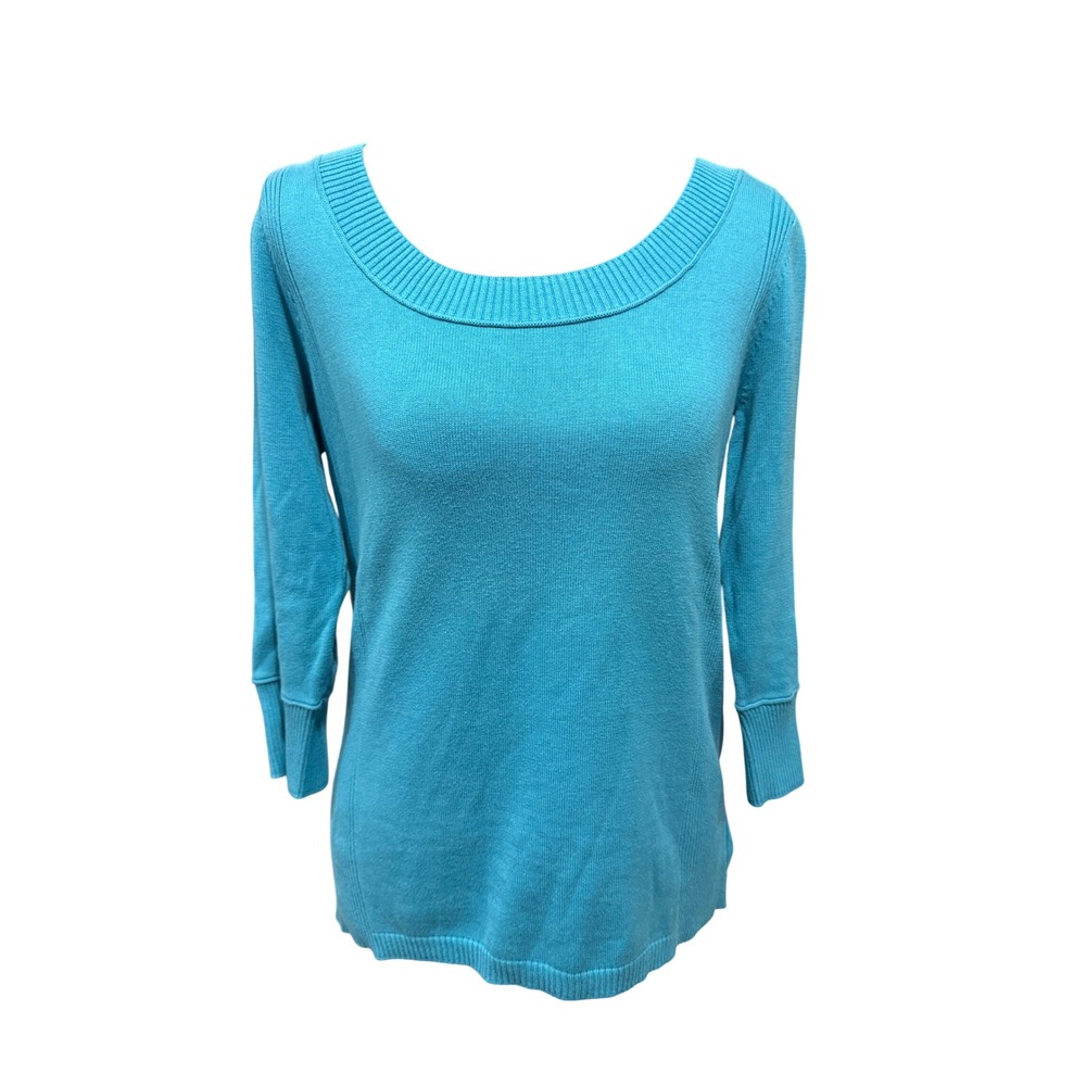 Eddie Bauer Teal Blue Cotton Knit Scoop Neck Sweater Shell Button Cuff Petite M
